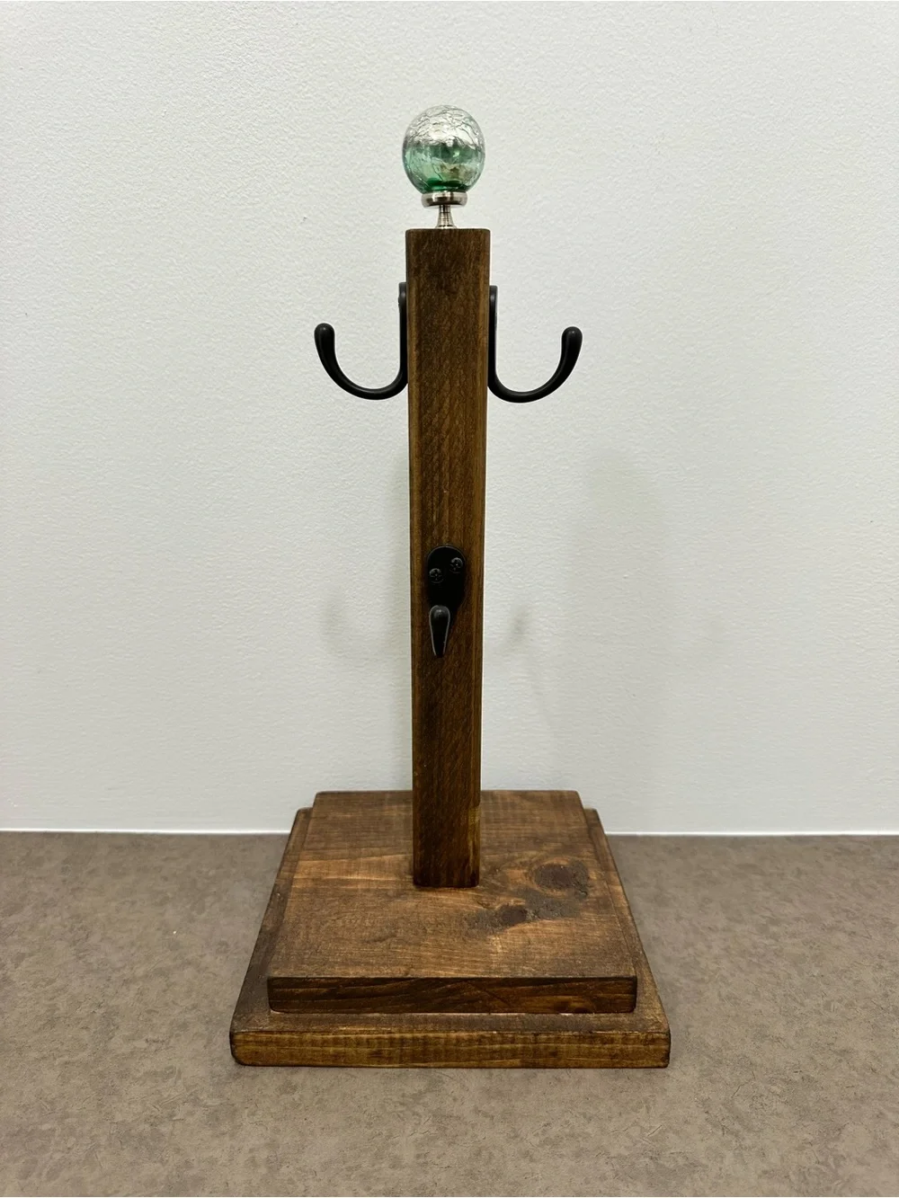 Handcrafted Rustic Wooden Coffee Mug Stand Hook Rack Green Crackled Glass Accent